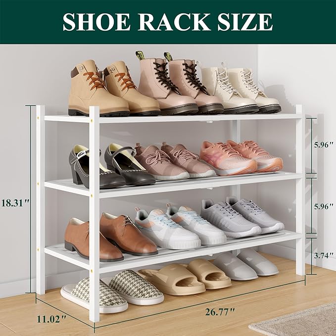 Smiry Bamboo Shoe Rack 3-Tier, Stackable Wooden Shoe Organizer for Entryway & Closet, Free Standing Wood Shoe Storage Shelf f