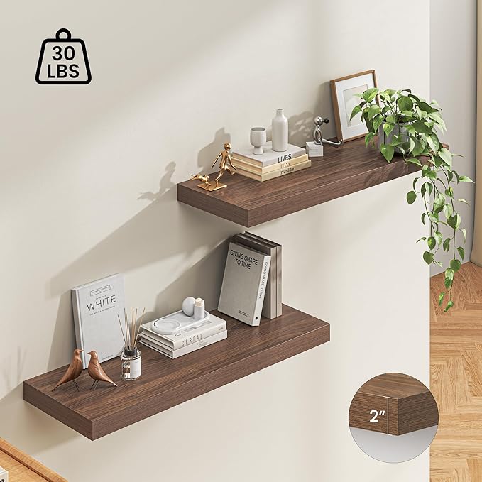 Dreamland 40" Floating Shelves for Wall, 12" Deep Thicker Walnut Floating Shelves, Wall-Mounted Shelves for Bedroom, Living R