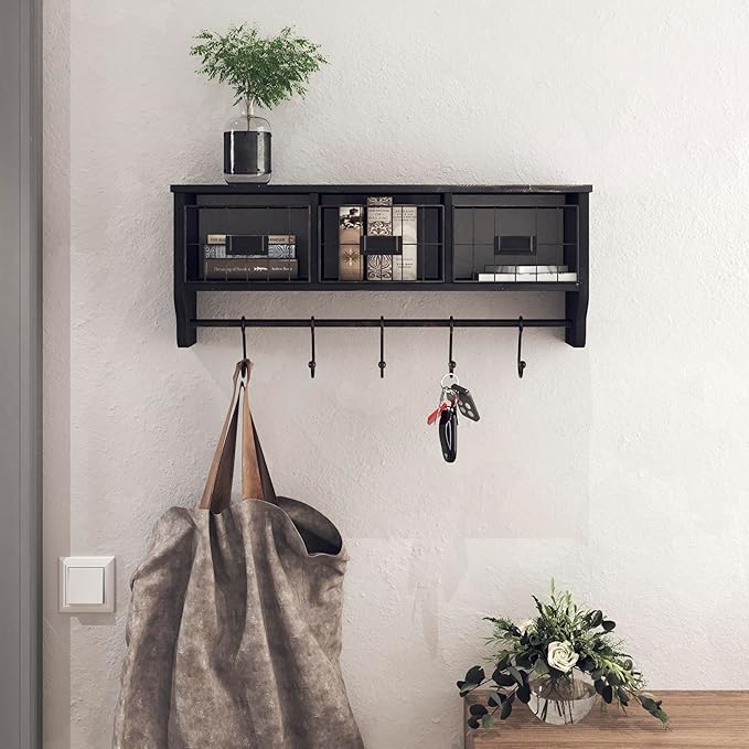 BizChair Wall Mounted Storage Rack - Blackwashed Solid Pine Wood - 24 Inch - Upper Shelf - 5 Hooks - Wire Baskets - For Entry