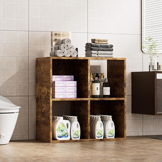 COMHOMA 4 Wood Cube Storage Organizer with Open Back and Removable Back Panels, 11In Brown Cube Storage Bookshelf, Cubicle Sh