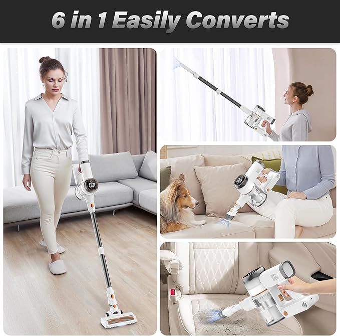 Tikom V500 Cordless Vacuum Cleaner for Home, 40000Pa/450W Stick Vacuum with LED Touch Screen, Charging Wall Dock, Anti-Tangle