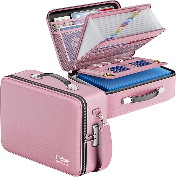 DocSafe Fireproof Document Box with Lock＆Shoulder Strap,Hard Case File Organizer with Accordion File Folder,Multi-Layer Porta