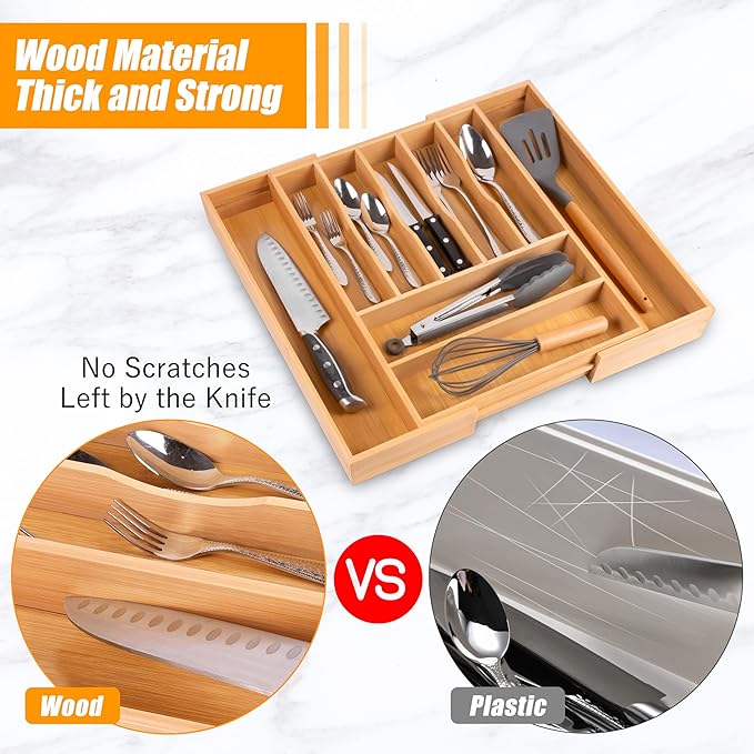 Bellsal Large Premium Bamboo Silverware Organizer - Expandable Utensil Drawer Organizer - 17"x19.6" Utensil Holder and Cutler
