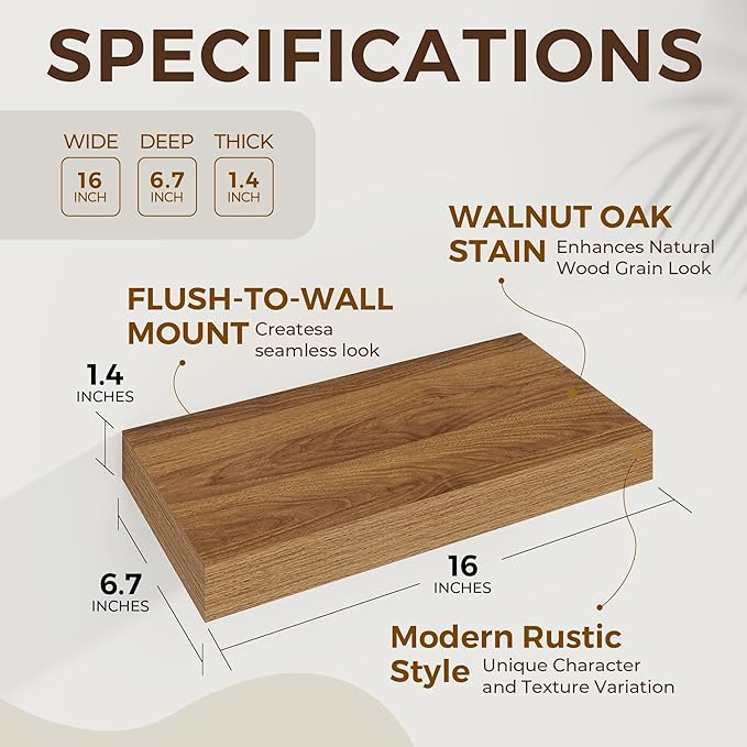 Dreamland 16 Inches Floating Shelves for Wall,6.7 Inch Deep Floating Shelves Set of 2, Large Display & Storage Shelf, Wall Sh