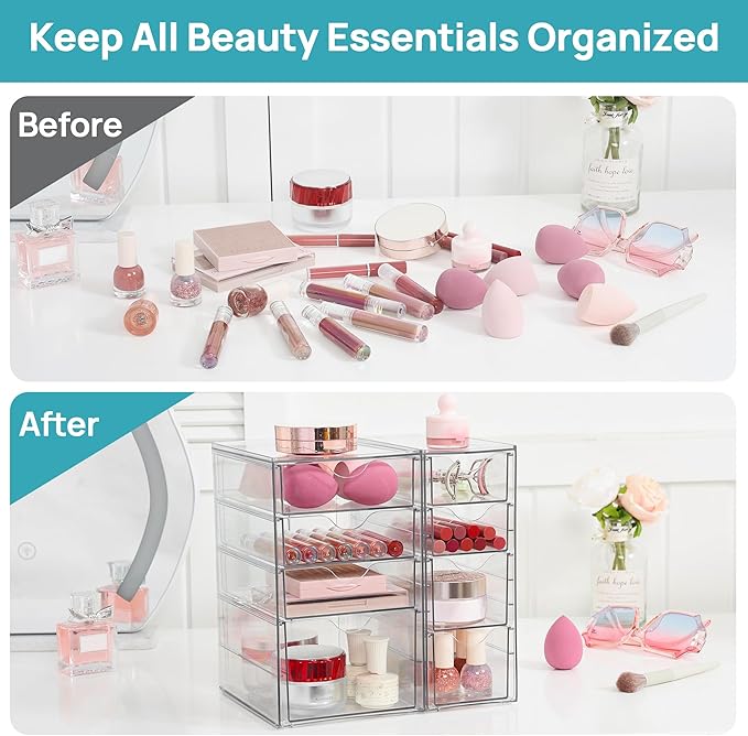 Vtopmart Acrylic Organizer with 8 Drawers, Desk Organizers and Accessories, Clear Makeup Organization, Dustproof Storage Draw