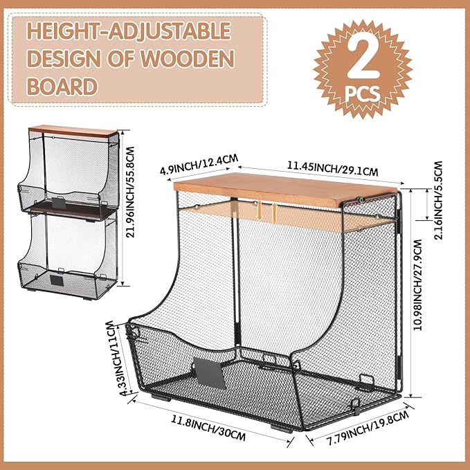 Honeydak 2 Pack Stackable Fruit Basket with Lid and Label Plate, Wall Mounted or Kitchen Countertop Metal Wire Storage for On