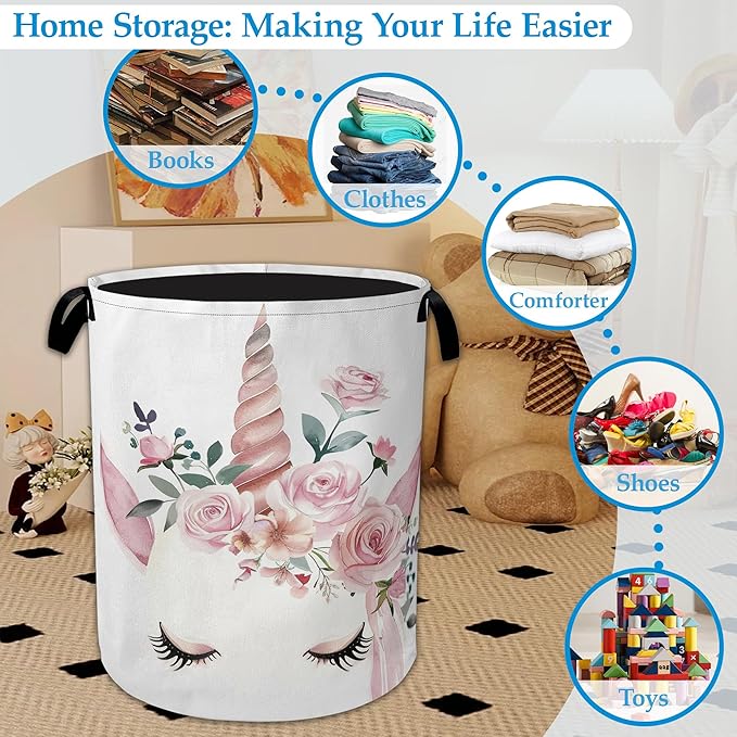 Cute Unicorn Laundry Basket Collapsible Laundry Hamper Clothes Toy Storage Bin for Bathroom Bedroom Room Decor 16" X 20.8"
