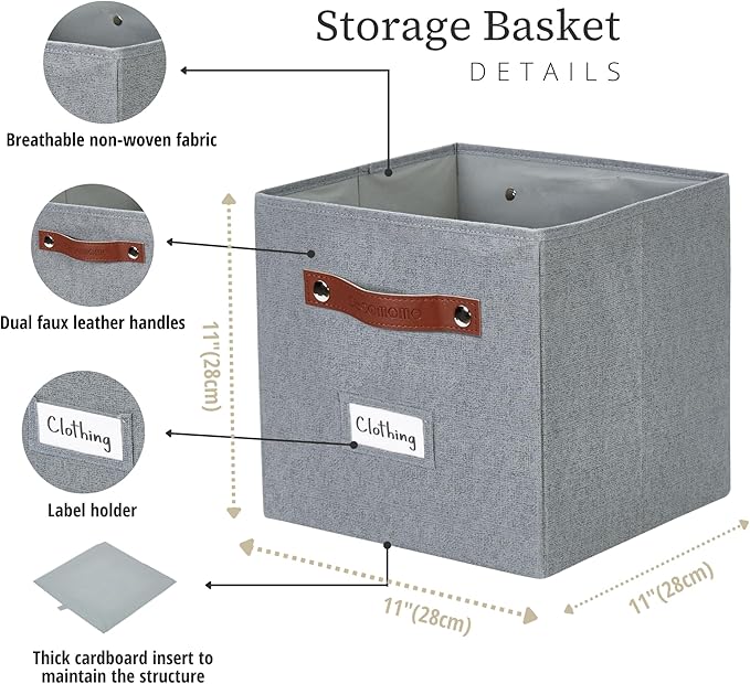 DECOMOMO Storage Bins, Cube Storage Bin with Labels, Fabric Storage Cubes for Shelves (11" / 6pcs, Texture Grey)