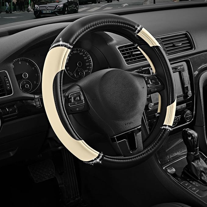 Road Comforts Leather Steering Wheel Cover - Made with PVC Leather - Anti-Slip, Universal Fit 14 1/2 inches to 15 inches - Mi