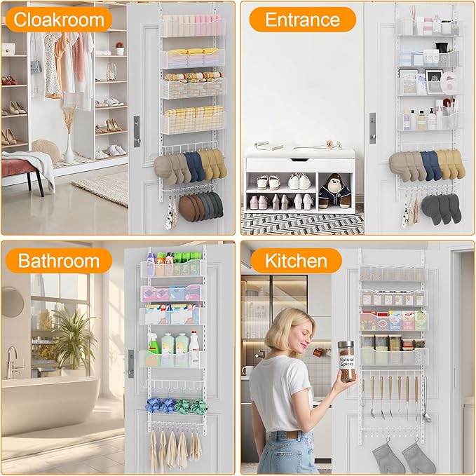 Over the Door Organizer, 2 in 1 Metal Hanging Closet Organizer & Hat Rack with 4 Adjustable Baskets, 8 Hooks, 10 Clips, Behin