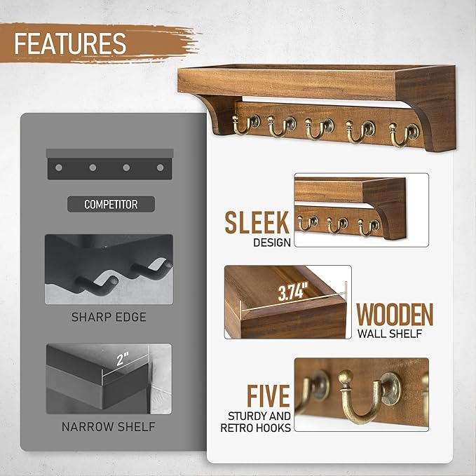 Rebee Vision Acacia Wood Farmhouse Key Holder Wall Mount for Room Decor – Retro Key Holder for Wall with Shelf for Cute Thing