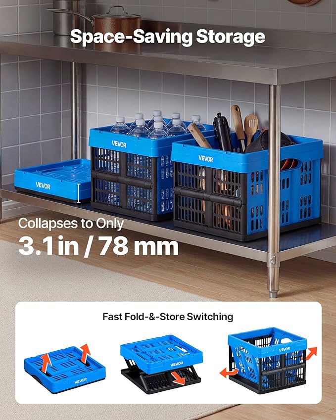 VEVOR Plastic Collapsible Storage Bins, 25L 3 Packs, Stackable Folding Storage Crates with Handles, Holds 22 lbs Per Bin, Fol