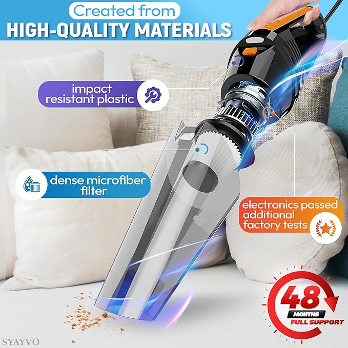 SYAYVO Portable Car Vacuum Cleaner - 8000PA/100W/DC12V Corded Vacuum Cleaner Handheld Vacuum with Attachments, LED Light Clea
