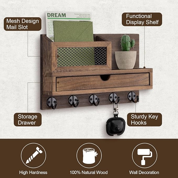 Key Holder Wall Mount, Key Holder for Wall with 5 Key Hooks and Storage Drawer Mail Organizer for Entryway Living Room Farmho