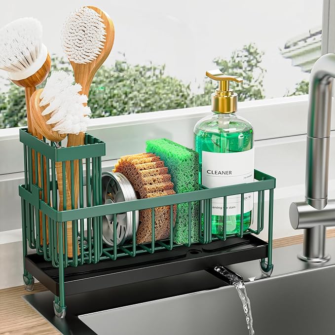 Cisily Sponge Holder for Kitchen Sink, Sink Caddy Organizer with High Brush Holder, Kitchen Countertop Organizers and Storage
