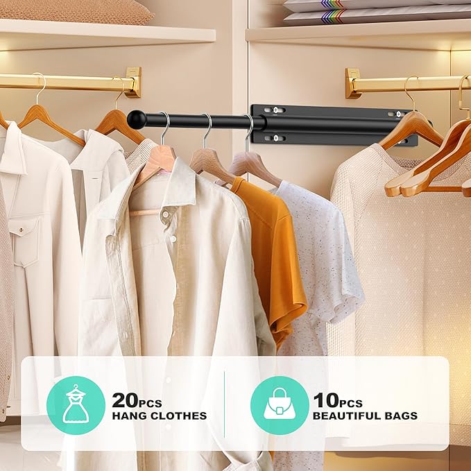2 Pack Valet Rod for Closet Retractable, 13.4"-23.2" Pull Out Clothes Hanger Rail, Heavy Duty Alloy Steel Side Mount Wardrobe
