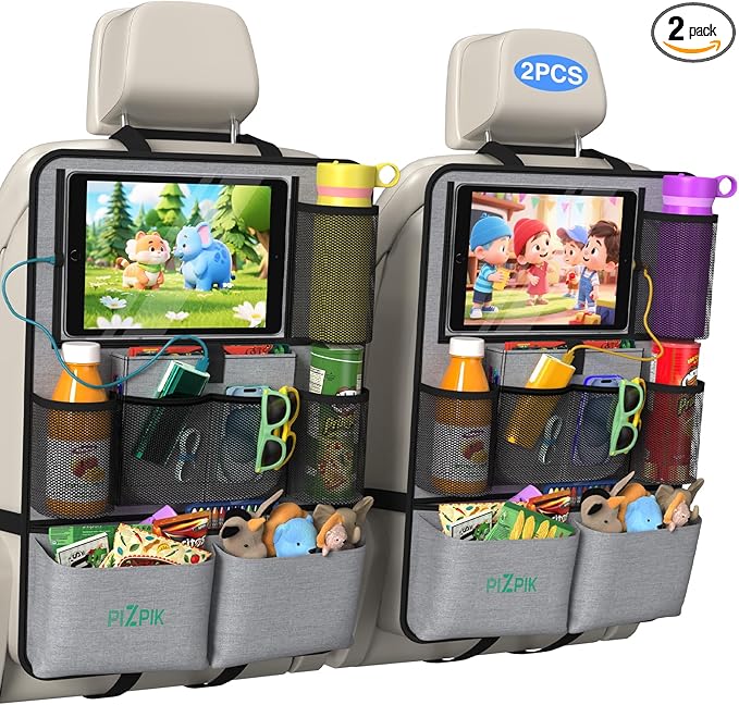 Car Backseat Organizer with Tablet Holder,11 Storage Pockets with Foldable Food Tray, Protector Kick Mats for Kids, Travel Accessories Organizer (Gray, 2-Pack)