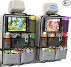 Car Backseat Organizer with Tablet Holder,11 Storage Pockets with Foldable Food Tray, Protector Kick Mats for Kids, Travel Accessories Organizer (Gray, 2-Pack)