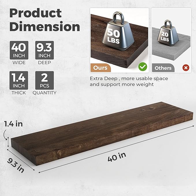RICHFOCUS Elm Floating Shelves for Wall - 40" W x 9.3" D Rustic Solid Wood Shelves with Invisible Bracket, Wall-Mounted for L