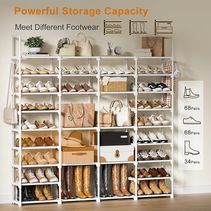 WOWLIVE 4 Row 9 Tiers Extra Large Shoe Rack Big Tall Metal Shoe Shelf, Heavy Duty Organizer for Closet Entryway, Boot Rack St