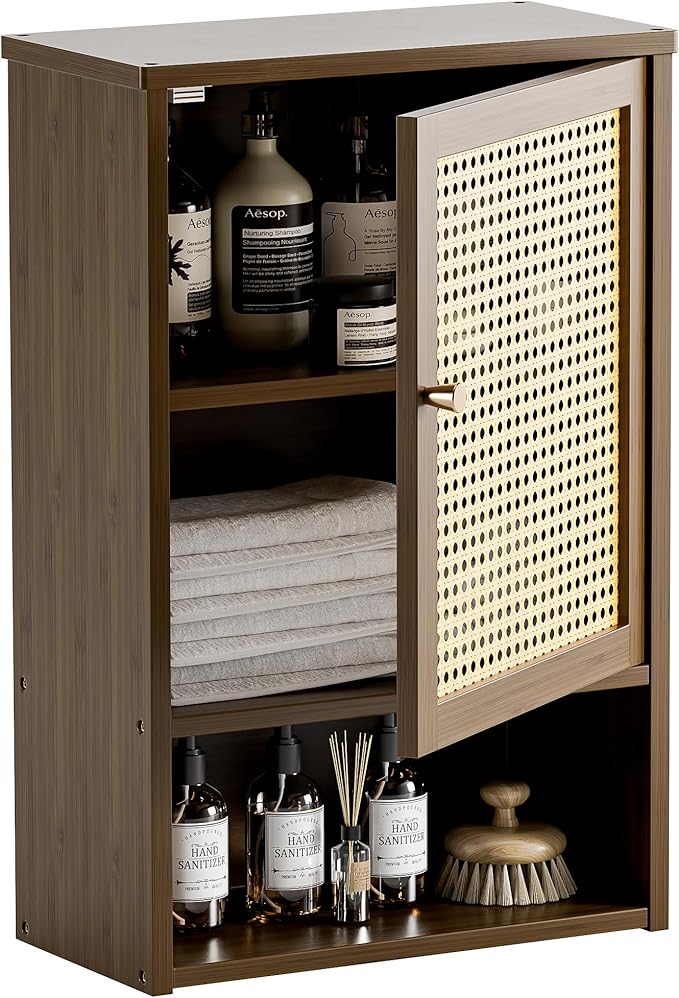 HITNET Bathroom Cabinet Wall Mounted, Medicine Cabinet with Single Rattan Door, Bamboo Hanging Storage Organizer Over Toilet,