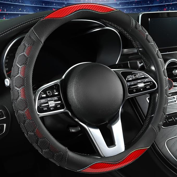 PU Leather Steering Wheel Cover 14.5-15 Inch, Carbon Fiber Style Grip, Non-Slip & Breathable, Universal for Sedan SUV Truck