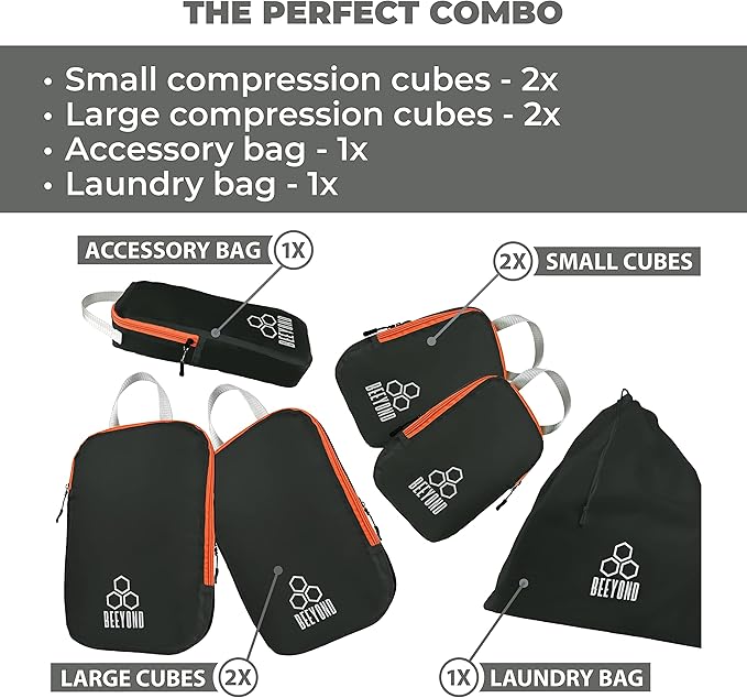 Beeyond Compression Packing Cubes Set - 6 Pieces for Travel and Luggage Organization, Includes Large & Small Cubes, Accessori