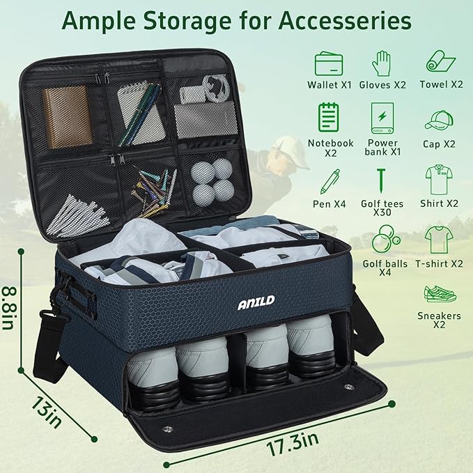 ANILD Golf Trunk Organizer, 2 Layer Golf Storage Case with Separate Ventilated Compartment for 2 Pair Shoes, for Balls, Tees,