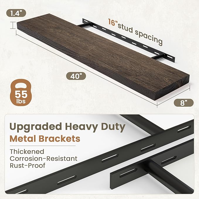 Fun Memories Solid Elm Wood Floating Shelves Set of 1-40 Inch Rustic Wall Shelves with Heavy-Duty Invisible Brackets - for Li