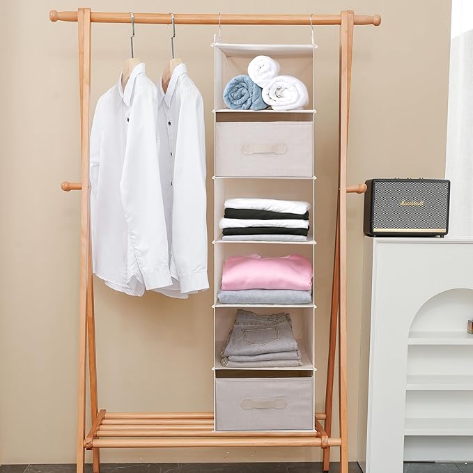 Large Hanging Sweater Organizer for Closet,Collapsible 6-Shelf Hanging Closet Shelves with Drawers, Washable (Beige -6 Shelf-