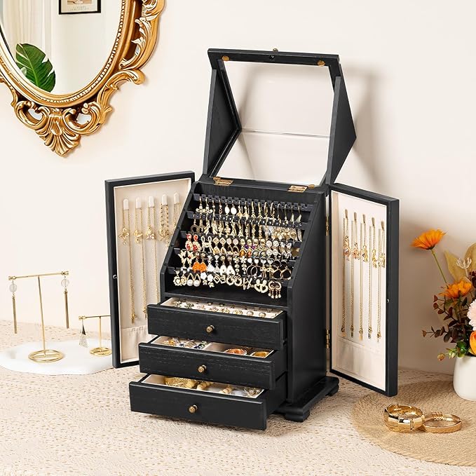 Jewelry Box Organizer, Rustic Wooden Jewelry Boxes for Women Girls, Large Storage Earring Holder Organizer Display for Earrin