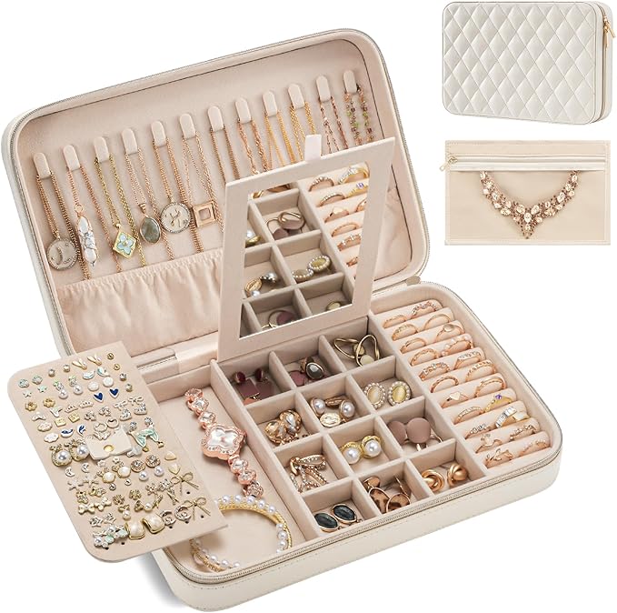 Lolalet Travel Jewelry Case for Women Girls, Travel Jewelry Organizer Box with Mirror & Clear Storage Bag, Small Portable Ear