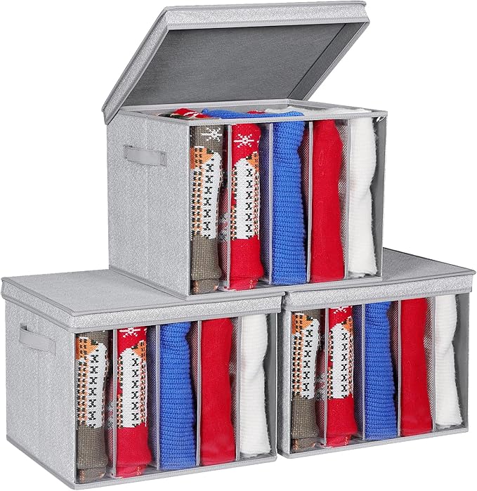 Zilink Upgraded Sweater Storage for Closet Shelf with Lids and Support Boards Clothes Organizer for Closet with 5 Grids Divid