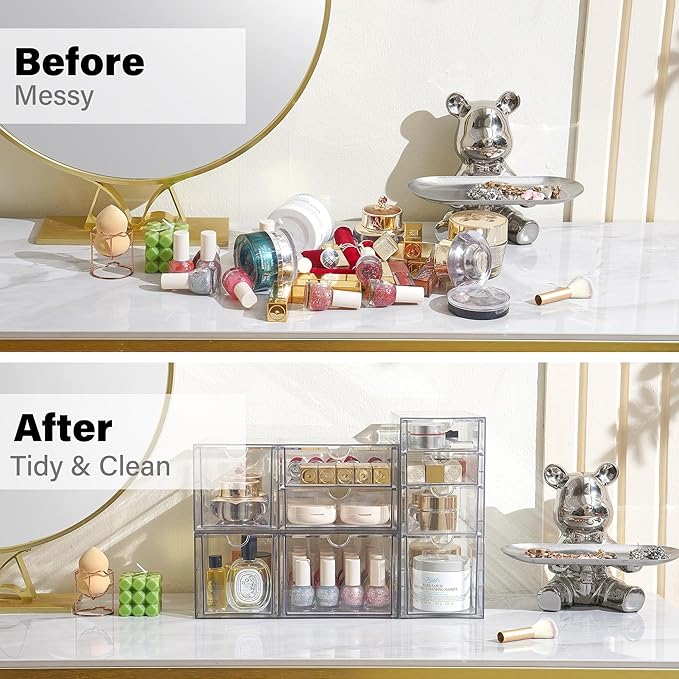 Prsildan Acrylic Drawer Makeup Organizer with 9 Drawers, Set of 3 Office Desk Organizers Accessories, Clear Stackable Storage
