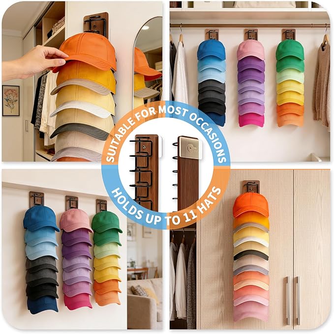 2 Pack Hat Organizer for Baseball Caps, Wood & Metal Hat Rack for Wall, Hat Storage for 22 Caps with Strong Adhesive/Wall Dri