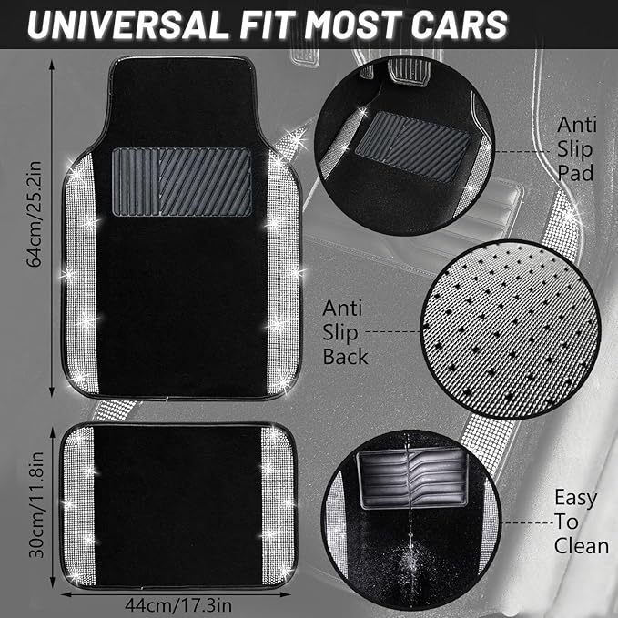 NBTEPEM Bling Car Floor Mats Full Set and Steering Wheel Cover, Universal Fit Most Cars, 4 pcs Sparkle Glitter Diamond Carpet, 5 pcs Bling Car Accessories Set for Women (Silver Diamond)