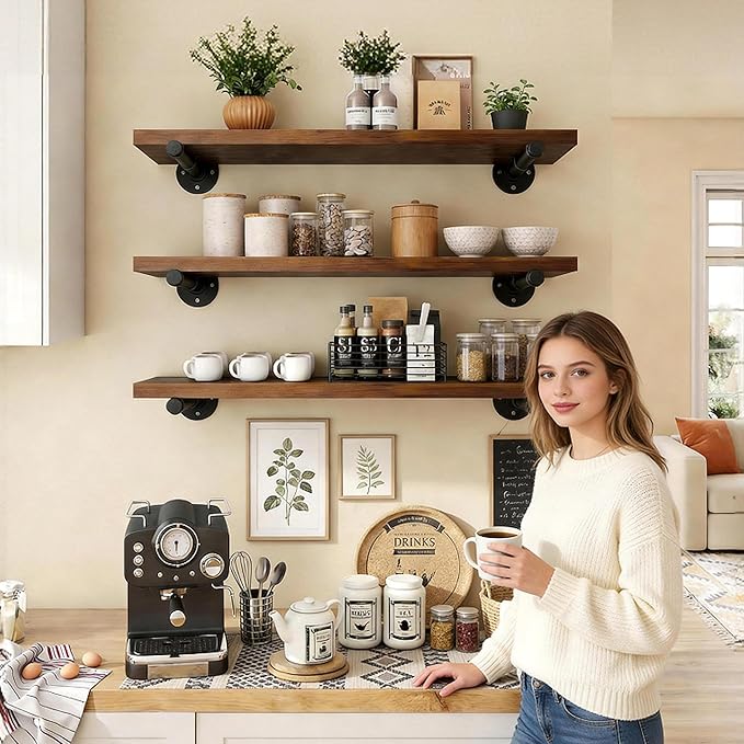 IAE Floating Pipe Shelves Bracket ,Wall Mounted Pipe Shelf for 6-16 in Depth Wood,Heavy-Duty 3/4" Iron , Pipe Shelving Bracke