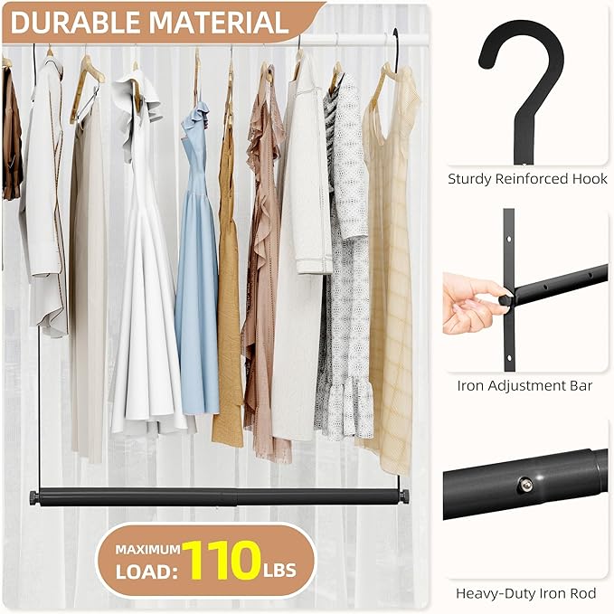 STORAGE MANIAC Adjustable Closet Rod Hanging Clothes Heavy Duty Closet Extender Hanging Rod Space-Saving Clothes Hanging Bar 