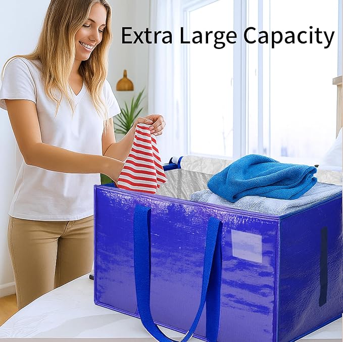 8 Pack-Extra Large Heavy Duty Moving Bags - Waterproof Storage Totes with Handles & Zippers, Foldable for College Dorm, Stora