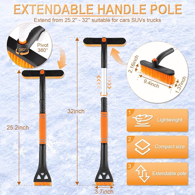 LivTee 32" Extendable Ice Scraper & Snow Brush for Car Windshield, 360° Rotating Snow Removal Tool for Cars, Trucks & SUVs, Automotive Winter Essentials & Car Accessories for Men, Orange