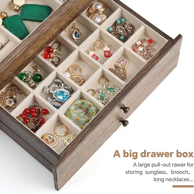 Meangood Jewelry Box Organizer for Women, 3 Layer Large Jewelry Storage Case, Rustic Wooden Jewelry Box with Mirror & Ring Tr
