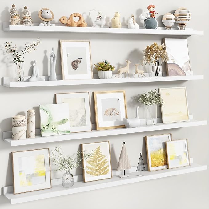 Fun Memories Picture Ledge Shelf, White Floating Shelves Set of 4, 48 Inch Picture Shelves for Wall with Ledge, Large Nursery