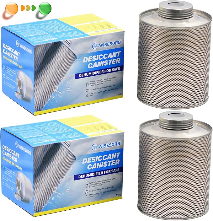 750 Grams Gun Safe Dehumidifier, 2 Pack Reusable Canister Desiccant Dehumidifier, Rechargeable 1.65 Lbs Indicating Silica Gel