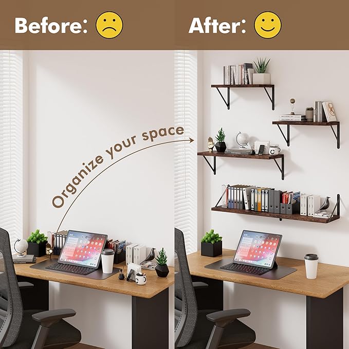 Floating Shelves for Wall, 15.7W x 8D Wide Bookshelf with Brackets Set of 3, Wood Wall Mounted Shelves for Living Room, Kitch