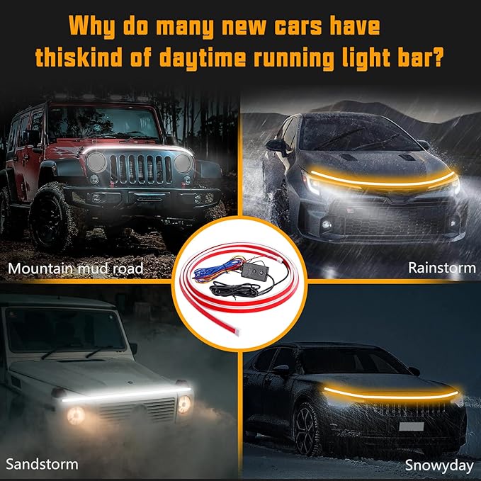 Flexible Car Hood Light Strip, 70 Inches Dynamic LED Daytime Running Lights, White and Amber Switchback Sequential Turn Signal Lights for Car, Truck, SUV