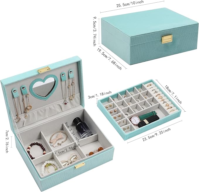 Dajasan Jewelry Boxes for Women Girls, Jewelry Organizer Box, 2-Layer Large Velvet Jewelry Box for Rings Necklaces Bracelets 