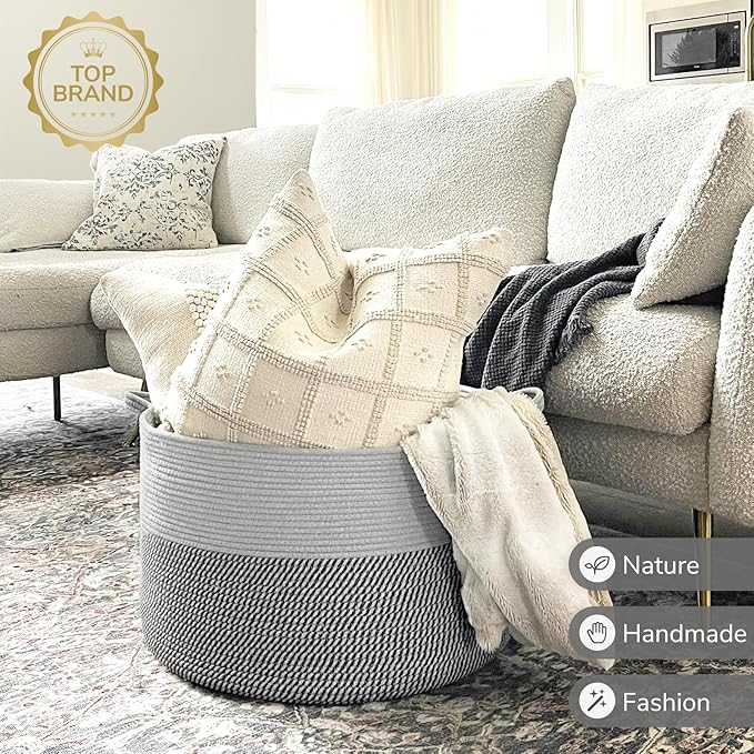 INDRESSME Extra Large Laundry Basket, Cotton Rope Blanket Basket for Nursery Living Room, Decorative Woven Storage Basket wit