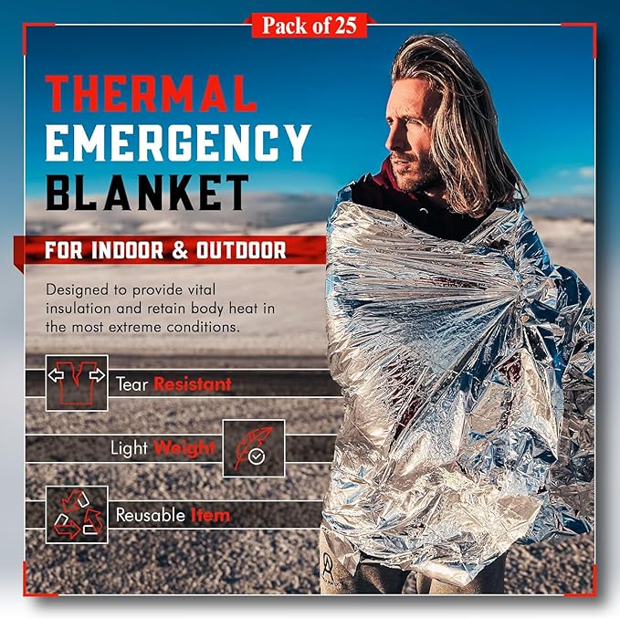 Mart Cobra Emergency Blanket 25-Pack Space Mylar Blankets Survival Gear and Supplies Reusable Thermal Camping Essentials Hiki
