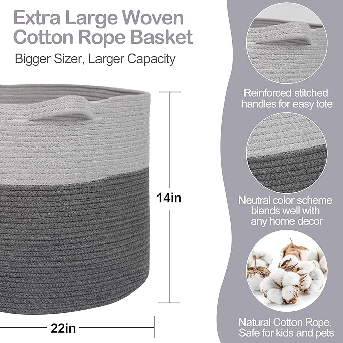 MEGASKET Extra Large Rope Basket, XXXL Woven Storage Basket, Large Blanket Storage for Living Room, Kids Room Toy Organizer B