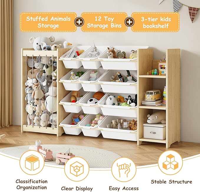EXPERLAM 3-in-1 Toy Storage Organizer, Stuffed Animal Holder & 3-Tier Bookcase, Solid Wood Toy Organizer with 12 Storage Bins